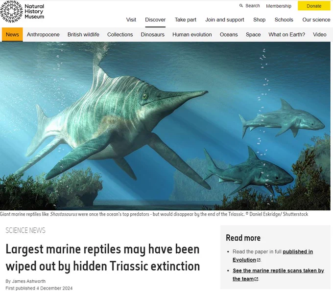 A news article illustrated with an underwater scene depicting a large ichthyosaur accompanied by two large sharks, with sunlight streaming through the water's surface, illuminating the creatures and the surrounding aquatic vegetation.






