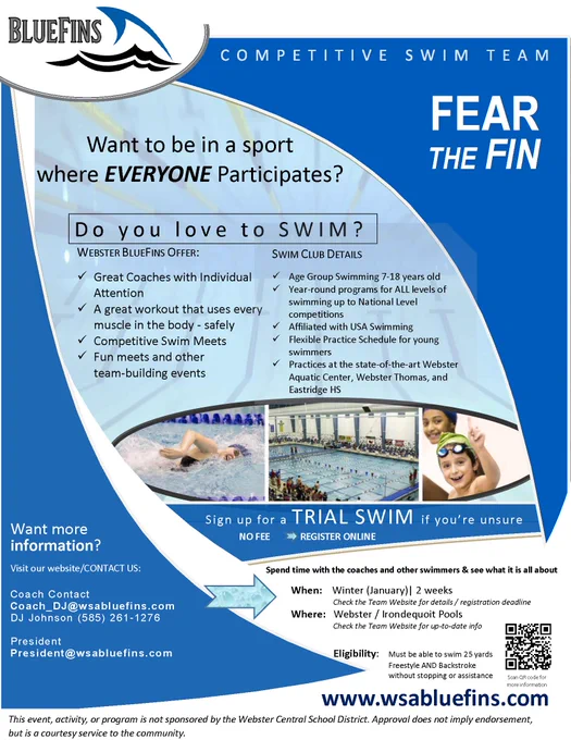 BlueFins Trial Swim flyer. Details email coach_dj@wsabluefins.com.