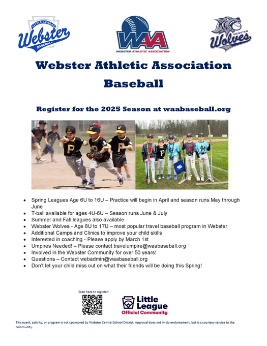 Webster Athletic Association Baseball 2025 Season Registration flyer. Details email webadmin@waabaseball.org.