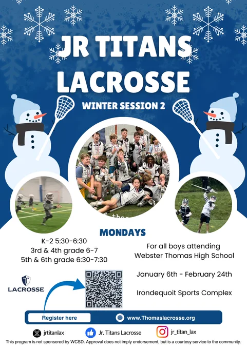 Jr Titans Lacrosse Winter Session 2 flyer. Details at www.Thomaslacrosse.org.