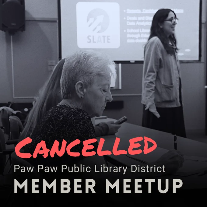 Jessica Silva presents to a group of people. An attendee writes something down on a piece of paper. Cancelled: Paw Paw Public Library District Member Meetup. 