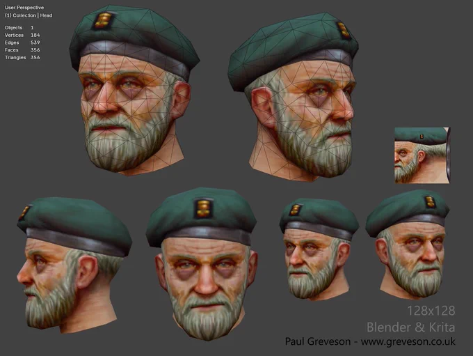 Viewport screenshots of a low-polygon 3D modelled head made in Blender, with a small 128x128 texture painted in Krita. The head looks like an old man with a grey beard, with large bags under his eyes, wearing a greenish beret with a small gold badge on it.
