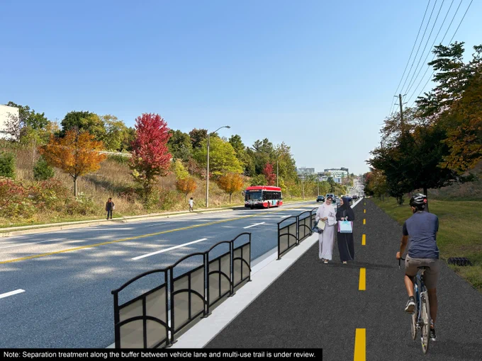 A rendering of a person cycling and pedestrians on a two-way multi-use trail adjacent to the roadway. The trail is separated from the roadway by splash guards. 