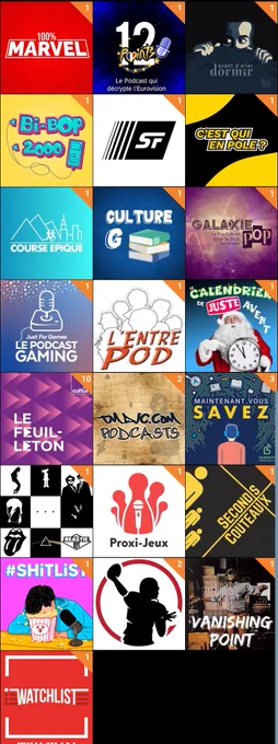 Capture d'écran de l'application Podcast addict 
100% Marvel 
12 Points 
Avant d'aller dormir 
Bibop
C'est plus que de la SF 
C'est qui en pole 
Course épique 
Culture G 
Galaxie Pop
Just for games
L'entrepod 
Le calendrier de Juste Avant 
Le feuilleton 
TMDJC Création 
Maintenant vous savez 
MDAM
Proxi-jeux 
Seconds couteaux 
Shitlist 
TD Actu
Vanishing Point 
Watchlist 
