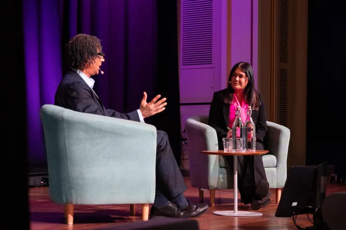 Lisa Nandy in conversation with David Olusoga Industries on stage at Bristol Beacon. 