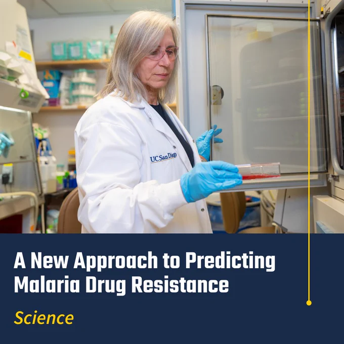 A scientist holding a flask. Text says "A New Approach to Predicting Malaria Drug Resistance. Science."