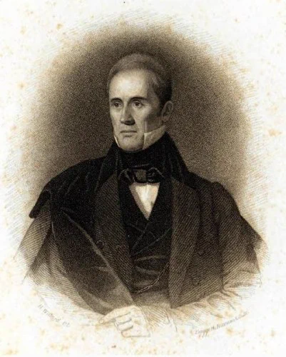 Portrait depiction of Benjamin Silliman. Man in a suit and overcoat from the waist up