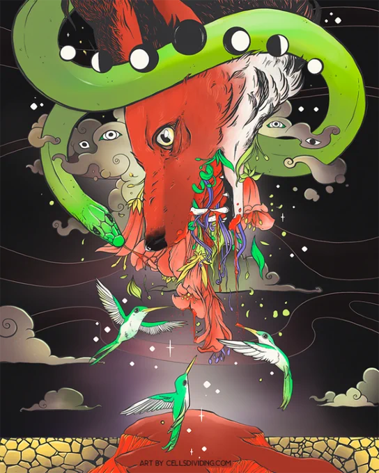 colorful illustration of a fox snake and hummingbirds