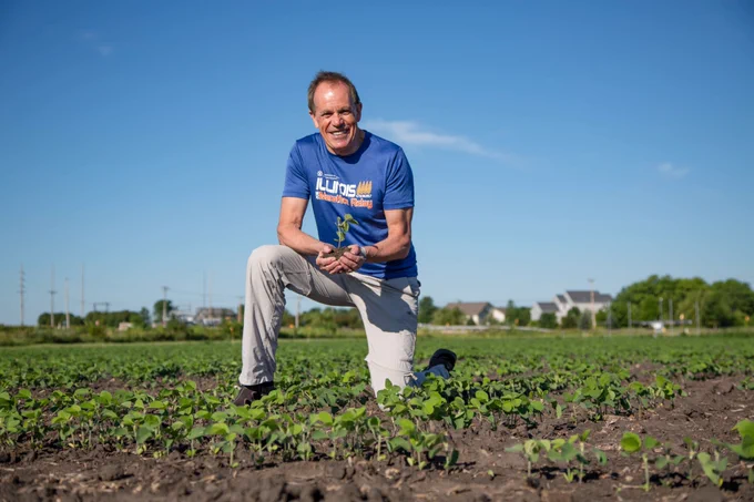 A man in a blue shirt kneels in a field with young plants with a clear blue sky in the background.