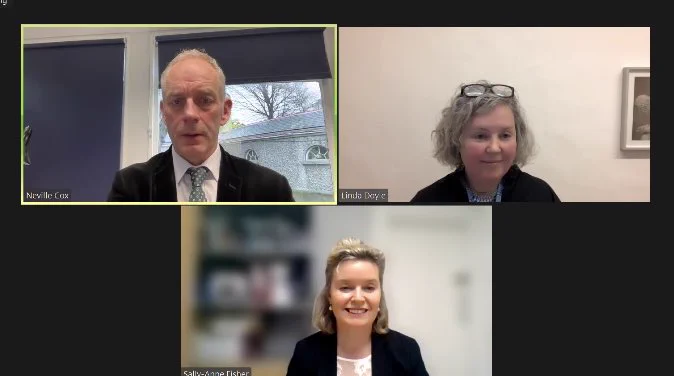 Screengrab from a Zoom webinar with three panes: top left is Neville Cox standing with office window in background, top right is Linda Doyle against a beige-coloured wall, and the lower pane includes Sally-Anne Fisher, the MC, against a blurred office background.