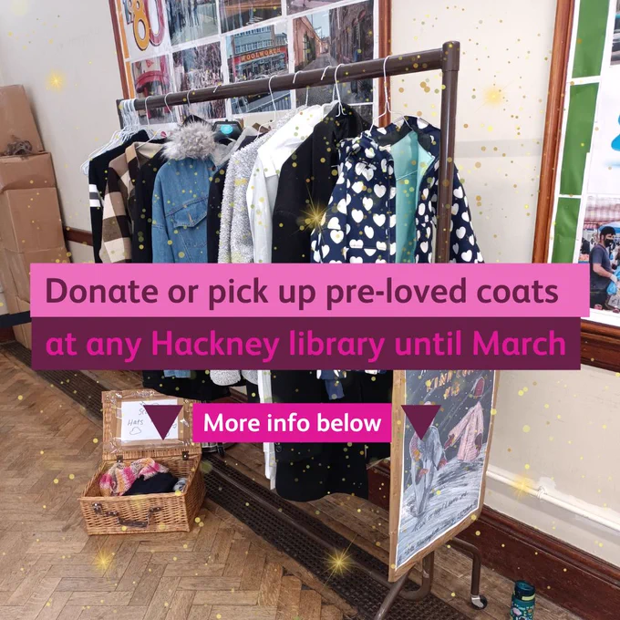 An image of a coat rack with graphic text overlayed asking residents to donate or pick up a pre-loved coat