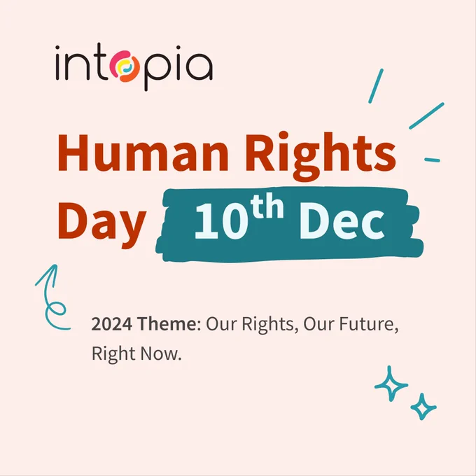 Human Rights Day 10th December. 2024 Theme: Our Rights, Our Future, Right Now. Intopia Logo. 