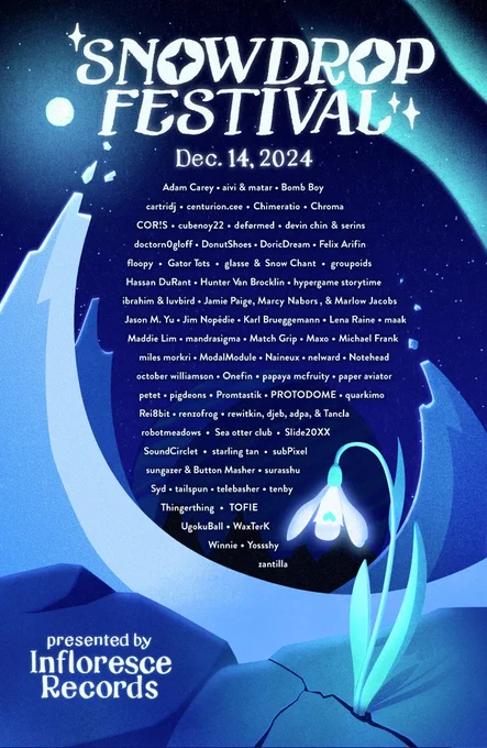 Festival poster for Snowdrop Festival 2024, presented by Infloresce Records. A fantastical illustration of an icy space landscape, with a lone snowdrop flower blooming from the cracks of the surface of the planet.

The poster features the names of 69 musicians from across the international digital fusion community. In the coming days, we'll post more information on our website for people who would like alt text of all the artist names.