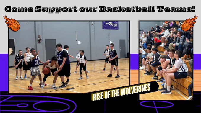 Two photos of one of our Boys' basketball teams playing offense and also seated on the bench. Rise of the Wolverines school theme.