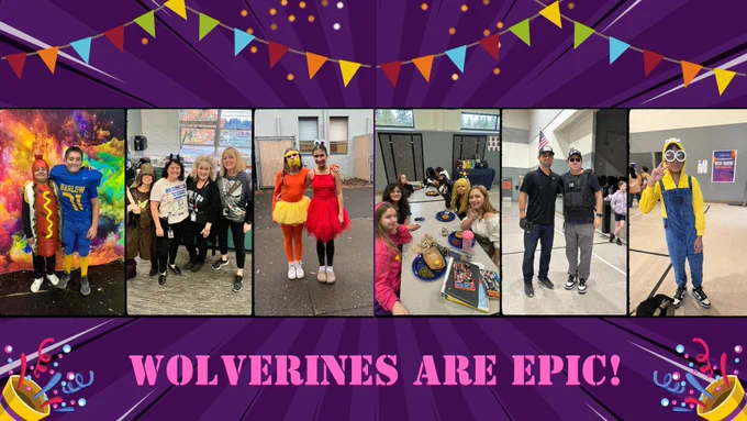 Six pictures from Halloween. Students & Staff dressed up in themed outfits on October 31st. Pictured are a Hot Dog, Football player, Star Wars Office Staff, Lorax, Elmo, FBI, Minion, and Fun Friends!