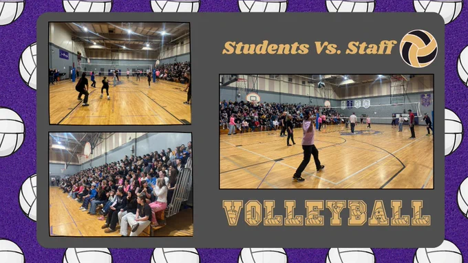 Three pictures of our Students Vs. Staff Volleyball Game & Assembly. Staff won!