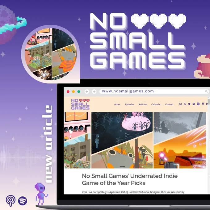 No Small Games "new article" graphic, featuring a laptop displaying the article called "No Small Games' Underrated Indie Game of the Year Picks"