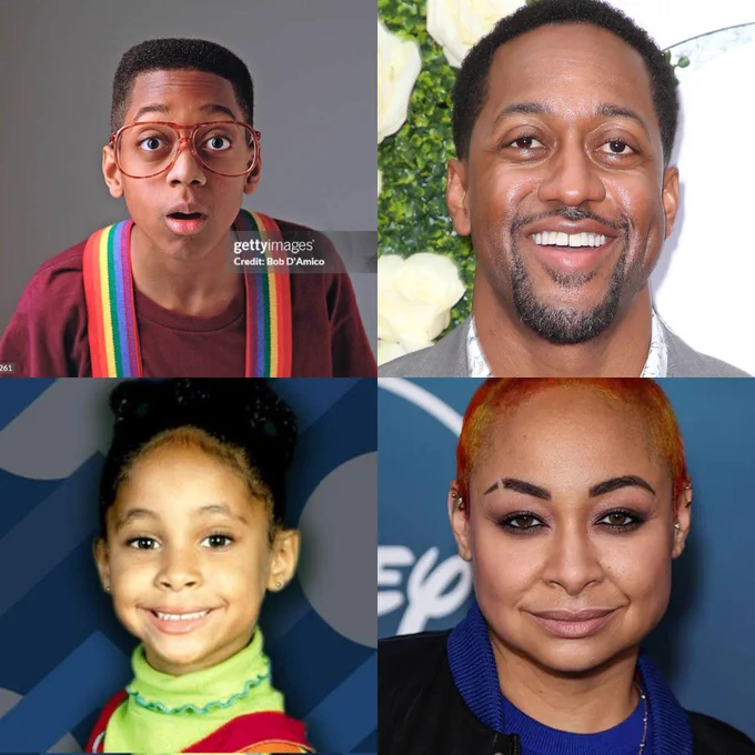Images of actors Jaleel White and Raven Symone as children and adults.