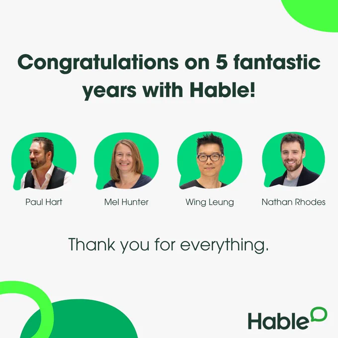 "Congratulations of 5 fantastic years with Hable - thank you for everything." Written in dark green font. With headshots of 4 different colleagues, in decorative bubble graphics.