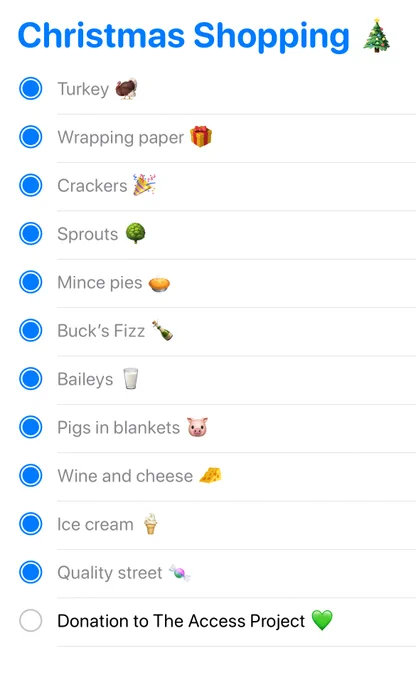 Reminders iPhone app list displaying Christmas shopping list. Checked boxes: Turkey, wrapping paper, crackers, sprouts, mince pies, buck's fizz, baileys, pigs in blankets, wine and cheese, ice cream, quality street. Unchecked boxes: Donation to The Access Project.