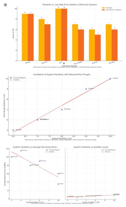 A free 5 minutes on chatGPT this morning gave me this: is it just confirming my bias because I think flexibility should be positively correlated with low price peaks, with higher price troughs, and with price volatility? Can someone point me to more serious analysis of these relationships? 