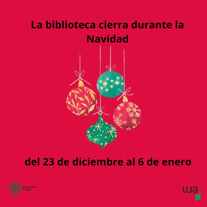 imagen: 4 bolas de navidad colgando de hilos, texto: la biblioteca cierra durante la Navidad del 23 de diciembre al 6 de enero.
