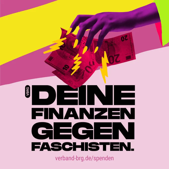 Text im Vordergrund: Deine Finanzen gegen Faschisten. 
Über dem Text ist eine Hand mit Geldscheinen zu sehen.