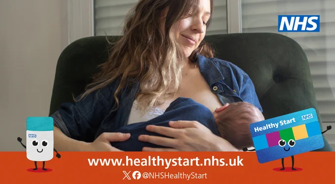 Promotional image featuring a person smiling and cradling a baby, alongside animated characters representing the NHS Healthy Start scheme. The image includes the NHS logo and the URL www.healthystart.nhs.uk.
