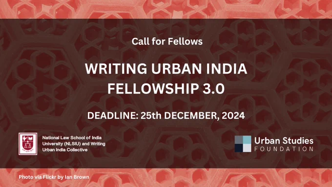 Flyer for the Call for Fellows, WUI 3.0 with USF and National Law School of India University logos. On a photo via Flickr by Ian Brown