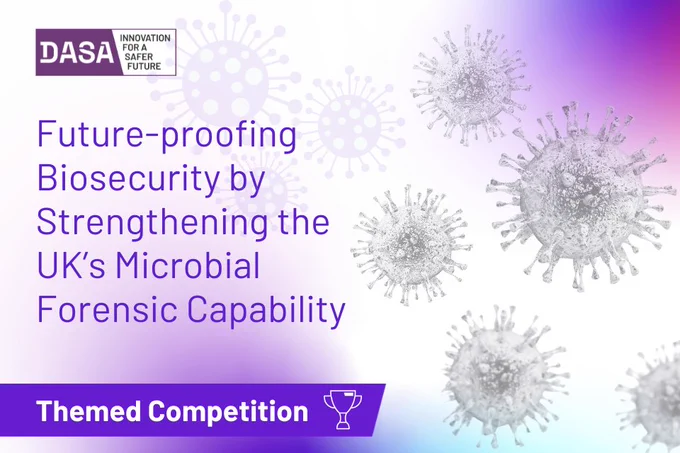 Image of microbes on a blue and purple background with text in blue reading 'Future proofing biosecurity by strengthening the UK's microbial forensic capability' and text reading Themed Competition in white.