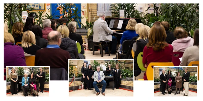 Images of Lucy Nugent, Alison Baker Kerrigan, Niamh Gavin, Martina Larkin, Sibeal Carolan, Catherine Costello at the launch of the new TUH piano