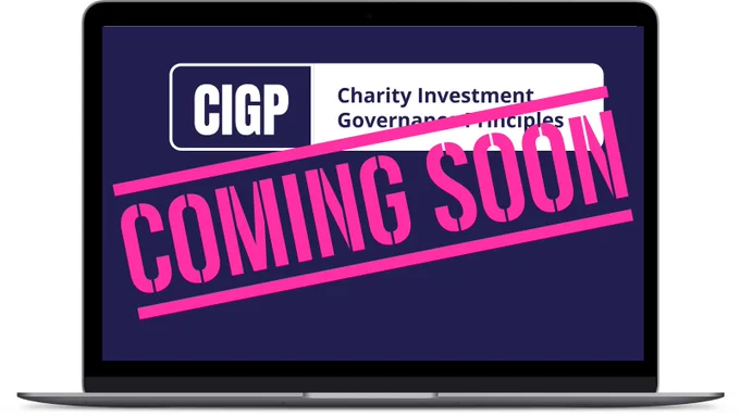 Laptop with CIGP Charity Investment Principles on the screen, with a pink 'Coming Soon' stamp covering the screen.
