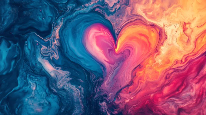 An abstract artwork featuring a swirling heart shape in the center. The left side of the image has a dark blue and teal color palette, while the right side transitions into bright pink, orange, and yellow hues. The colors blend together in a fluid, marble-like pattern.