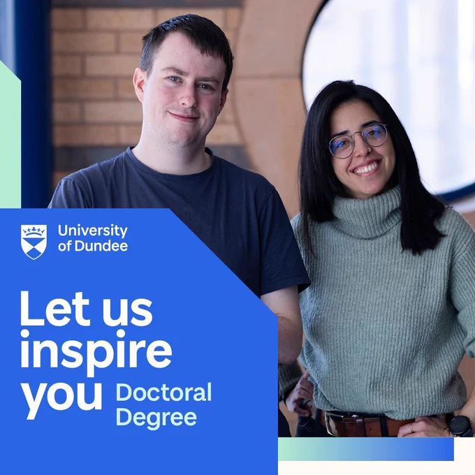 Text: Let us inspire you. Doctoral Degree. Image: A man and a woman stood next to each other smiling.