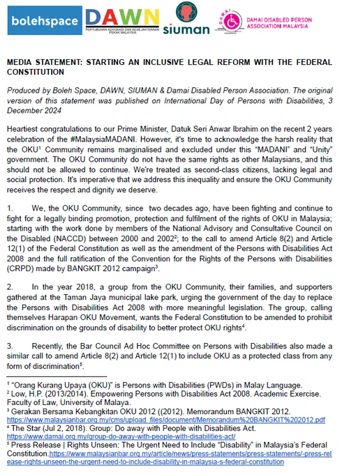 Screenshot of page 1/4 of the joint statement: Starting an Inclusive Legal Reform with the Federal Constitution. A link to the full statement is at the end of this thread.