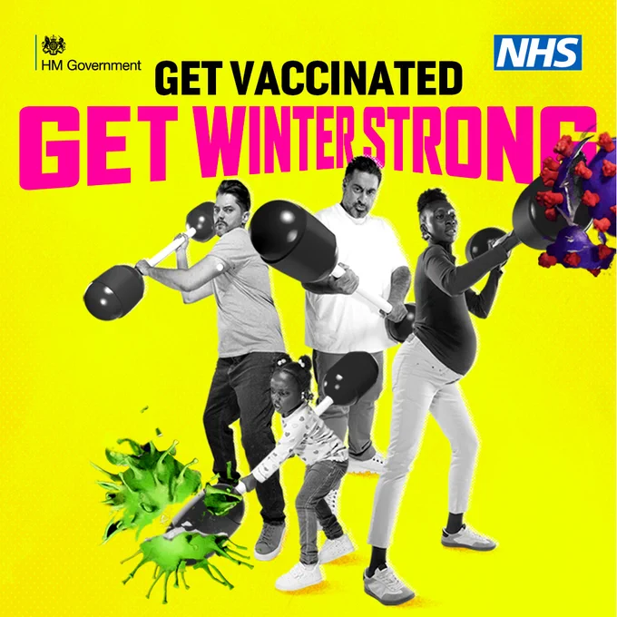 Image shows two men, a pregnant woman and a young child holding pugil sticks attacking viruses. Text reads: Get vaccinated. Get winter strong.