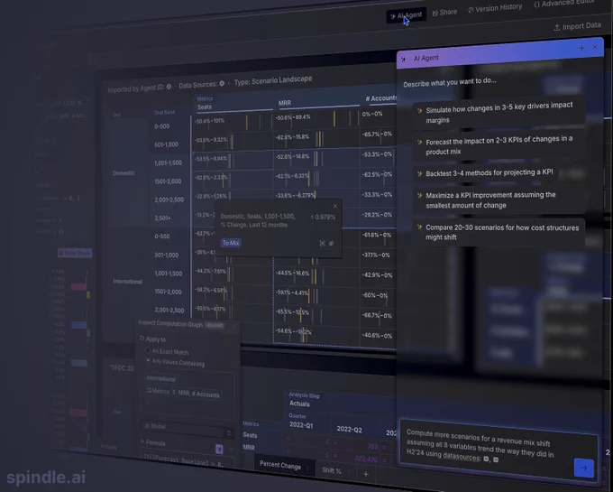 Screenshot of Spindle.ai in use by a Fortune 500 financial analyst invoking several AI agent features.