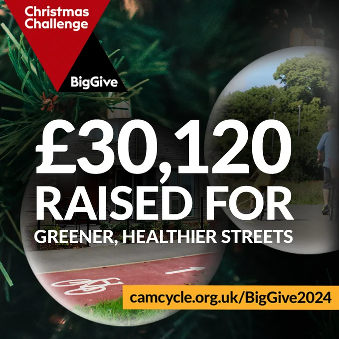 Two baubles with cycle paths in the background. A Big Give Christmas Challenge logo. Text: £30,120 raised for greener, healthier streets.