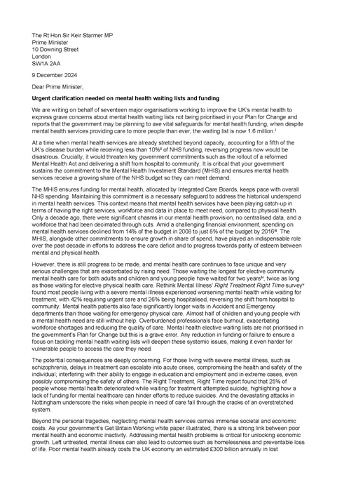 An image of the letter we have sent, alongside 17 mental health organisations, to the Prime Minister calling for government to protect funding for mental health services.