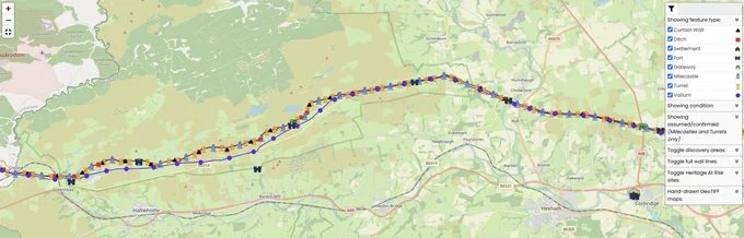 Map showing the line of Hadrian's Wall with the symbols representing the forts, milecastles and turrets, and lines for the Wall, Vallum and north ditch. The basemap is different shades of green, and there is a legend on the right side of the map. 