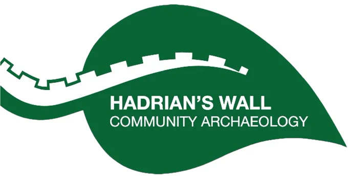The WallCAP logo. It is a green leaf and the stem is the outline of a wall. It says Hadrian's Wall Community Archaeology on the leaf.
