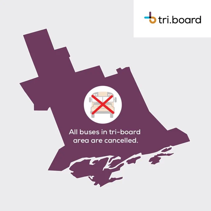 Tri Board Student Transportation service map with a school bus icon indicating transportation is cancelled in all areas. 