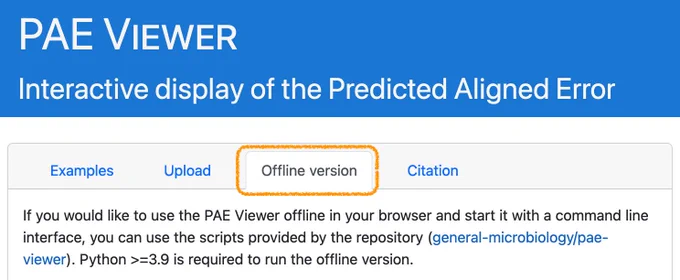 A screenshot of the top of the PAE Viewer page, with the new "Offline version" tab highlighted and expanded.