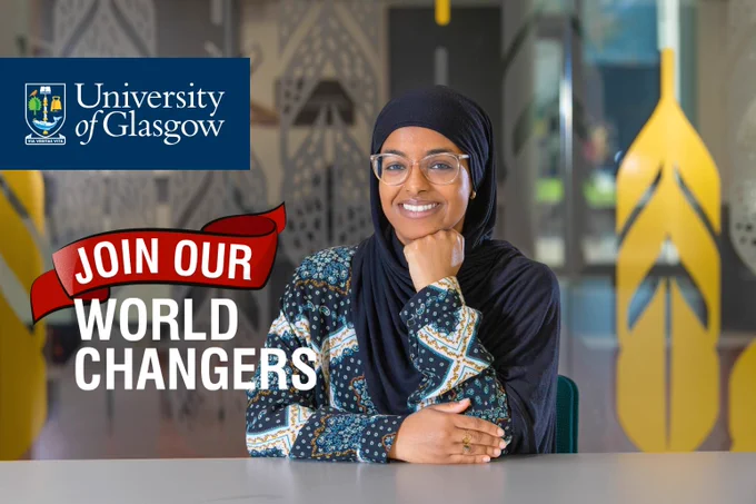 Image shows JMS Scholar Umloda Ibrahim wearing a navy hijab and a colourfully patterned, buttoned shirt. She sits at a table, chin resting on her hand. The image contains the University of Glasgow banner and a graphic which reads "Join Our World Changers".