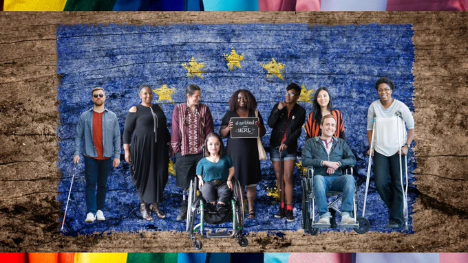 Composite image: Several persons from diverse backgrounds stand in front of an EU flag painted on a wooden background. On top and the bottom, there are friezes with the colours of the LGBT and Trans flags.