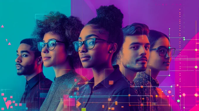 A group of diverse young adults, wearing glasses, standing against a vibrant, futuristic background with geometric patterns and digital-style overlays.