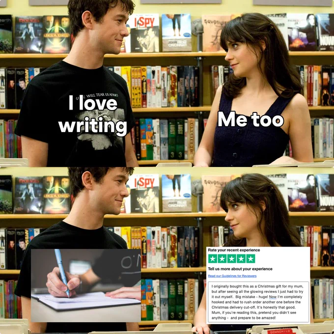 Two individuals in a bookstore, one wearing a t-shirt with "I love writing" and the other responding with "Me too". Lower images show one person writing in a notebook and a dialogue box requesting to "Rate your recent experience" on Trustpilot. 
