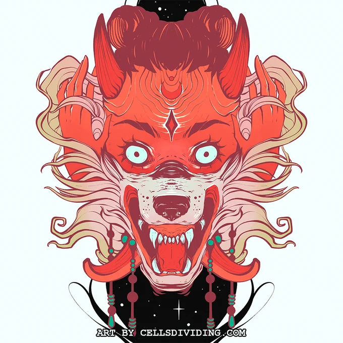 illustration of a woman with a wolf mask in a surreal tattoo art style