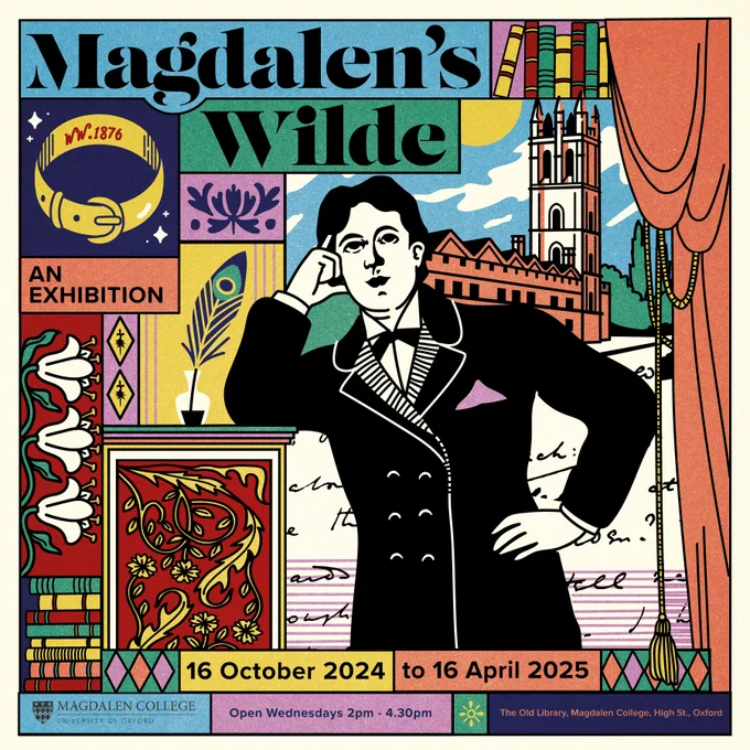 Poster advertising Magdalen's Wilde, an exhibition in the Old Library at Magdalen College running from 16th October 2024- 16th April 2024