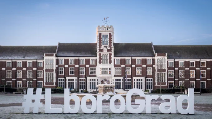Loughborough Grad sign outside of Hazelrigg Building in the snow